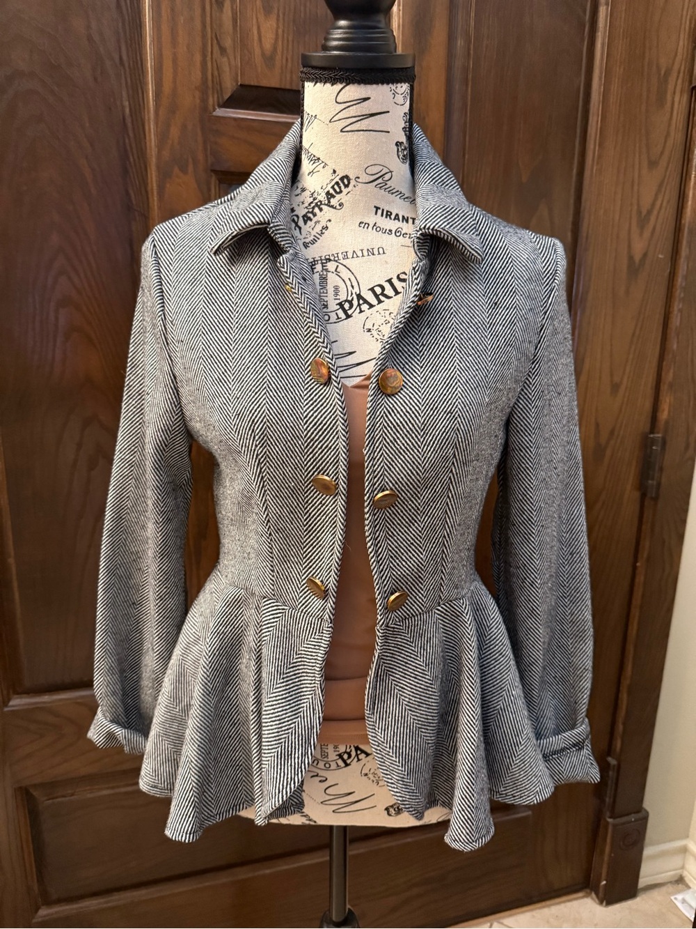 SHEIN Gray Herringbone Peplum Blazer with Gold Buttons - Picture 3 of 16